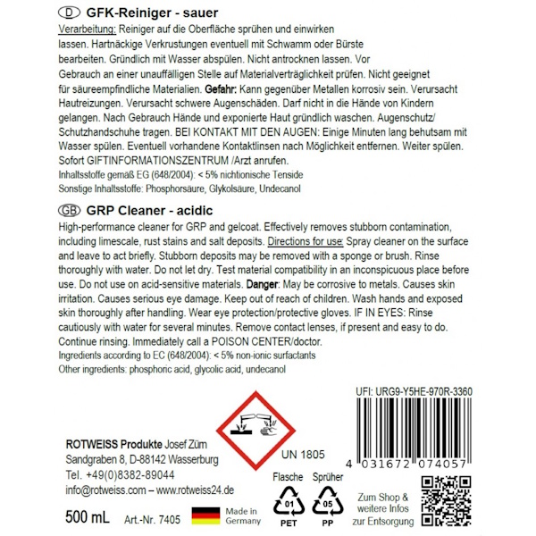 ROTWEISS GFK-Reiniger sauer 500 ml
