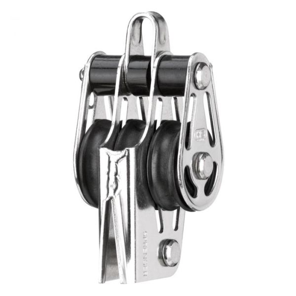 HS Gleitlager-Niederholerblock mit 3 Rollen, V-Klemme, Bügel und Hundsfott 6 mm HS Gleitlager-Niederholerblock mit 3 Rollen, V-Klemme, Bügel und Hundsfott 6 mm