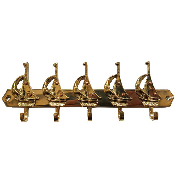 5-fach Kleiderhaken mit Segelbooten, Messing 5-fach Kleiderhaken mit Segelbooten, Messing