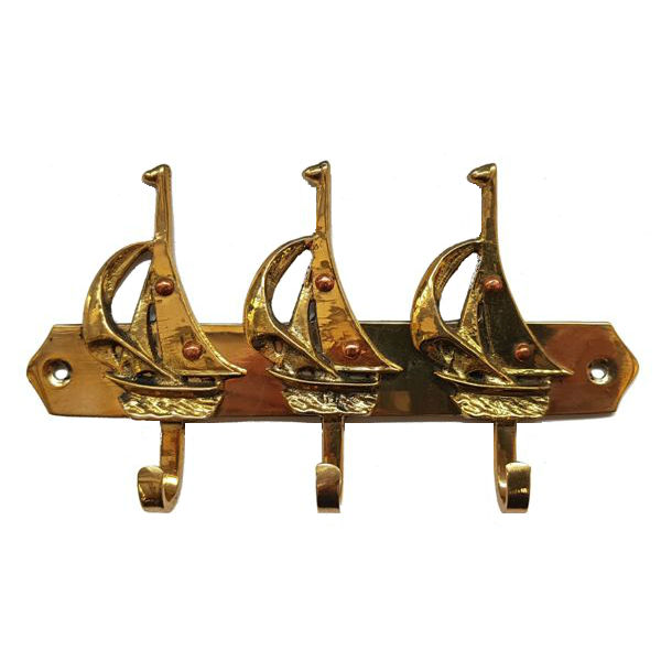 3-fach Kleiderhaken mit Segelbooten, Messing 3-fach Kleiderhaken mit Segelbooten, Messing